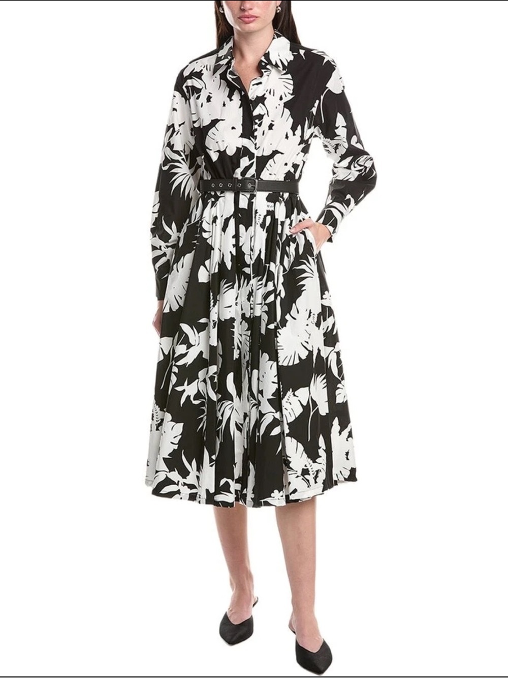 NWT MaxMara Black and White Floral Midi Shirtdress Sz 10